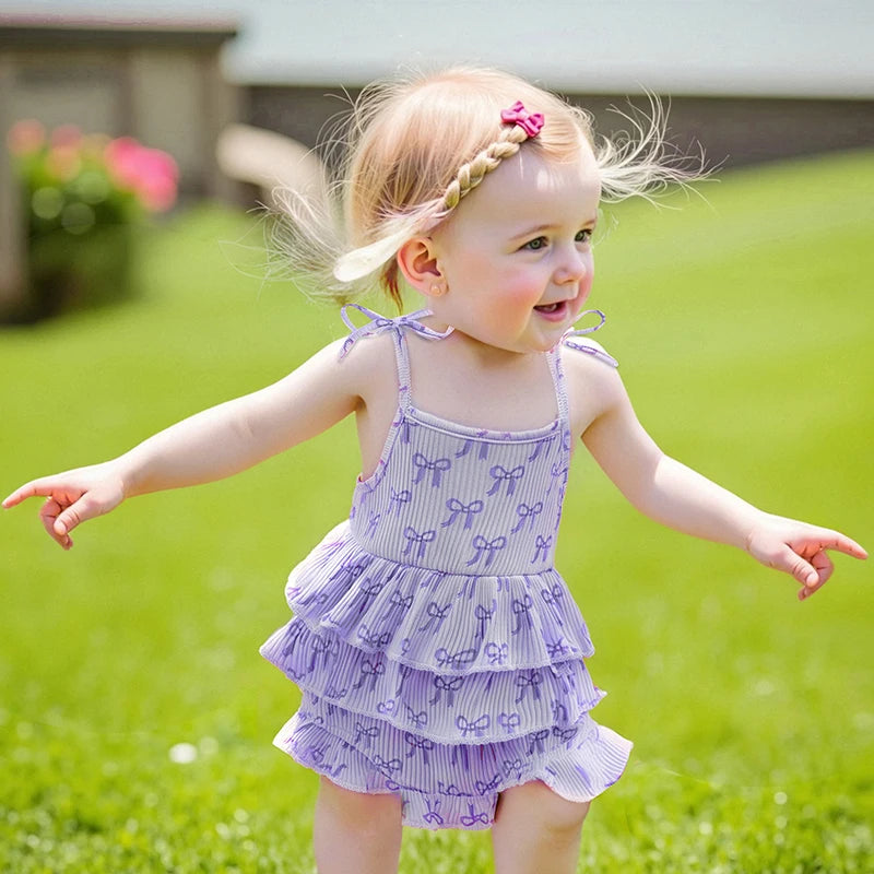 Bow Print Layered Ruffle Spaghetti Strap Baby Romper