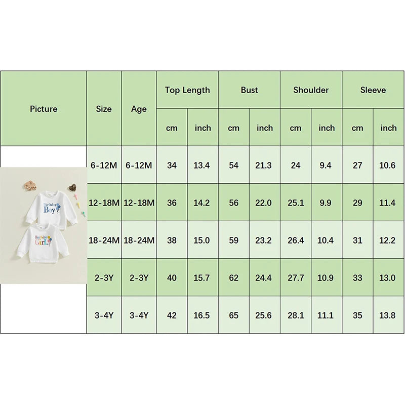 0-4Y  Kids Girls Boys Birthday Sweatshirt T- Shirt Letter Embroidery Long Sleeve Pullover Autumn Top