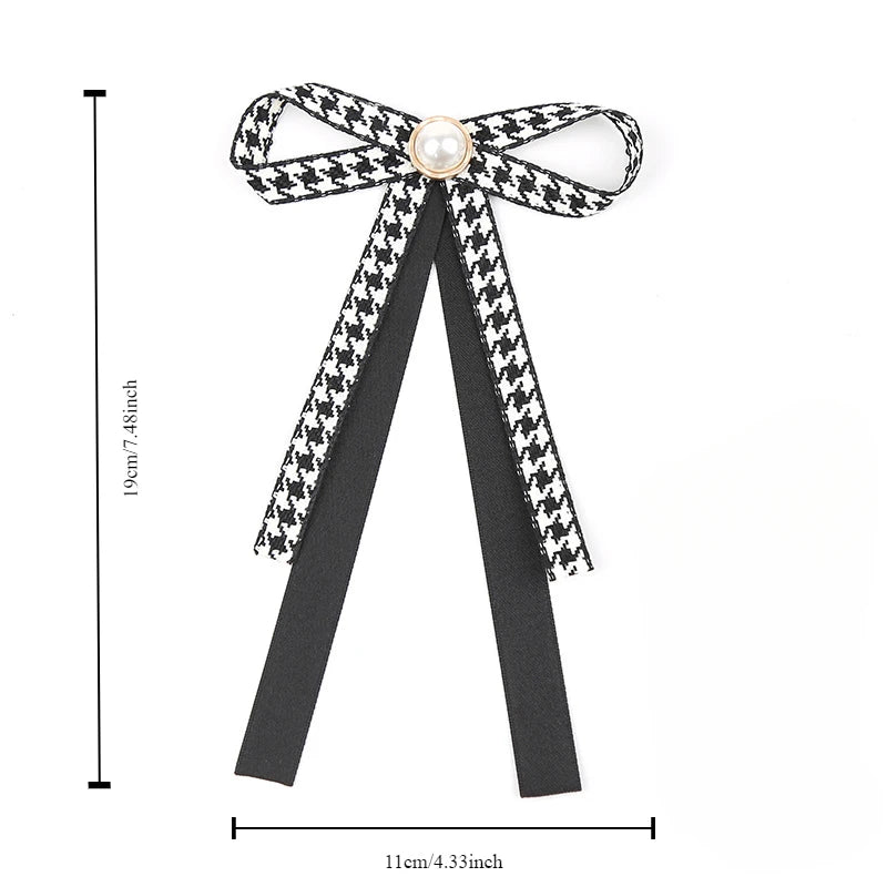 Houndstooth Ribbon Bow Brooch with Pearl