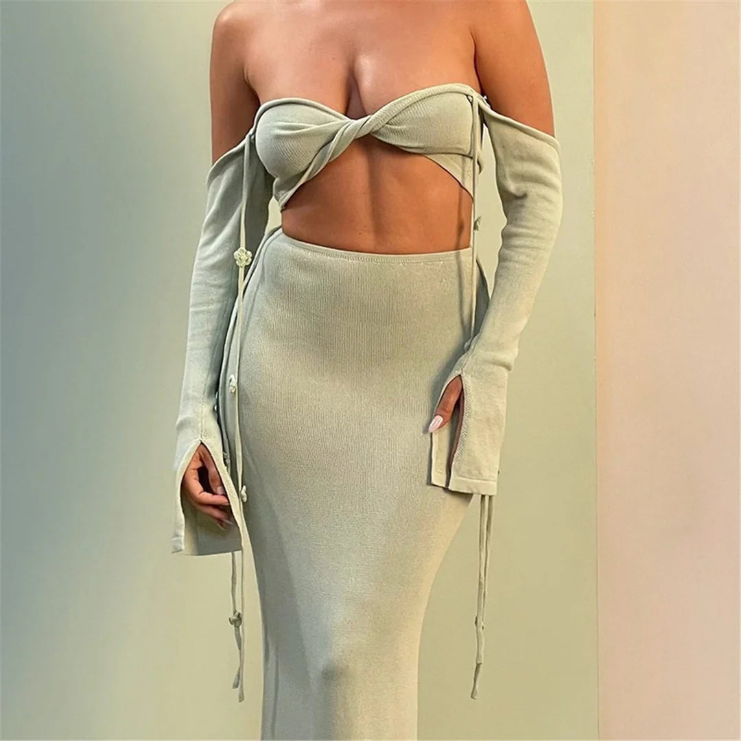 Knit Halter Tube Top & Slit Maxi Skirt Two-Piece Set