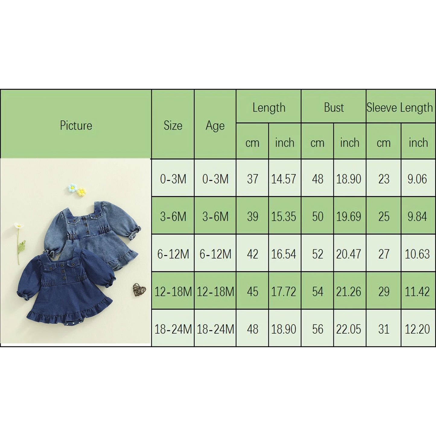 Baby Girls Denim Romper Dress - Square Neck Lantern Long Sleeve Bodysuit (0-24M)