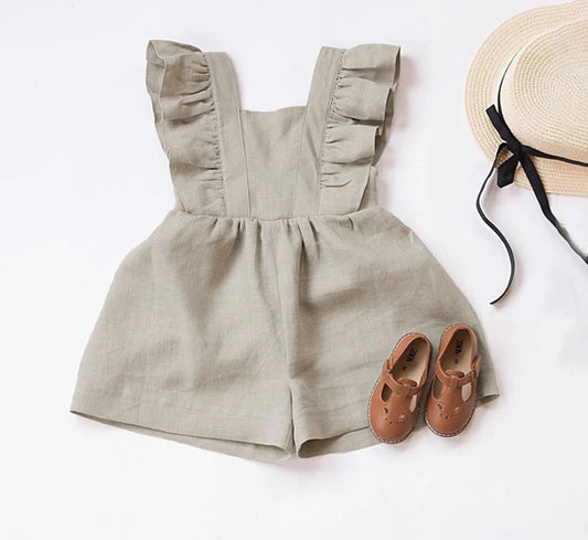 Girl's Summer Cotton  One-Pieces Adjustable Flying Sleeves Shorts Jumpsuits