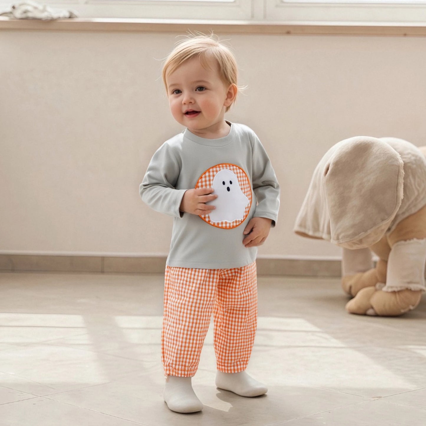 Toddler Boys Halloween Clothes Set - Ghost Embroidery Sweatshirt & Plaid Pants (0-4Y)