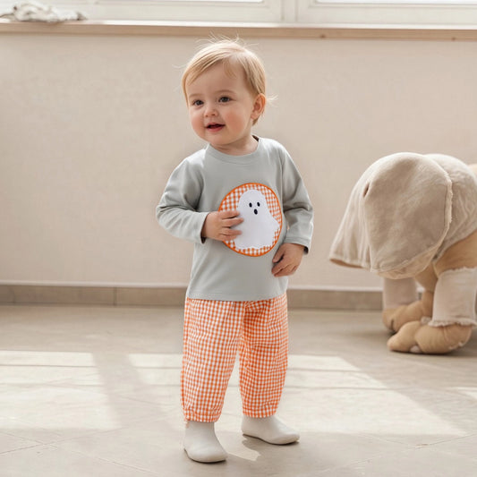 Toddler Boys Halloween Clothes Set - Ghost Embroidery Sweatshirt & Plaid Pants (0-4Y)