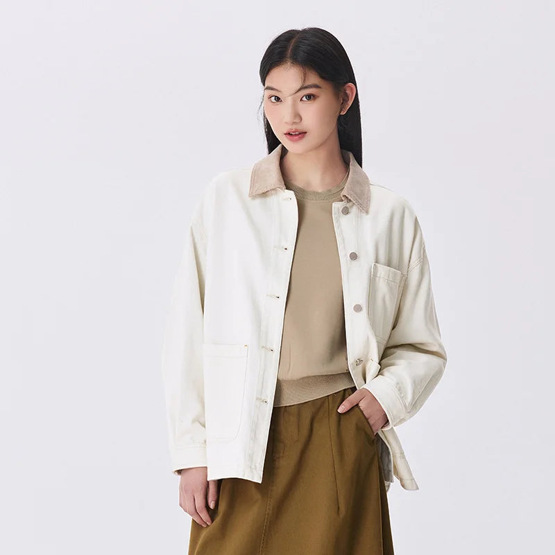 Corduroy Denim Jacket - Women's Turn Collar Loose Casual Coat