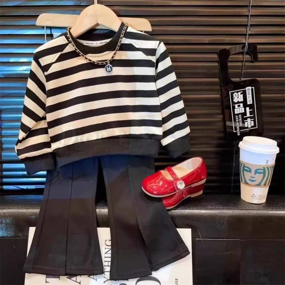 Girl's Black White Striped Casual Kids Clothes Long Sleeved Top and Flared Trousers Set