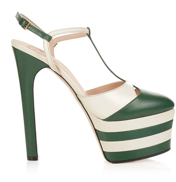 Women's Leather Platform Sandals - Wedge Heel Rivet T-Strap Sandals