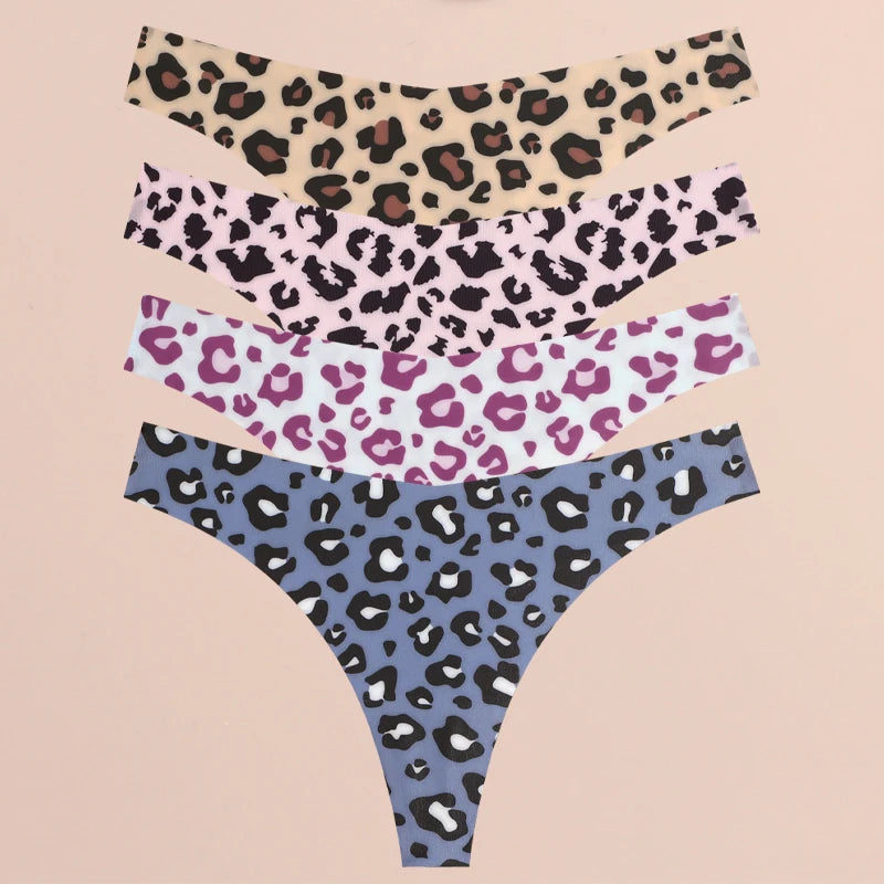 Women's 4Pcs Ultra Soft Underwear Graphic Print Seamless Thongs Stretch Leopard G Strings Comfort Lingerie