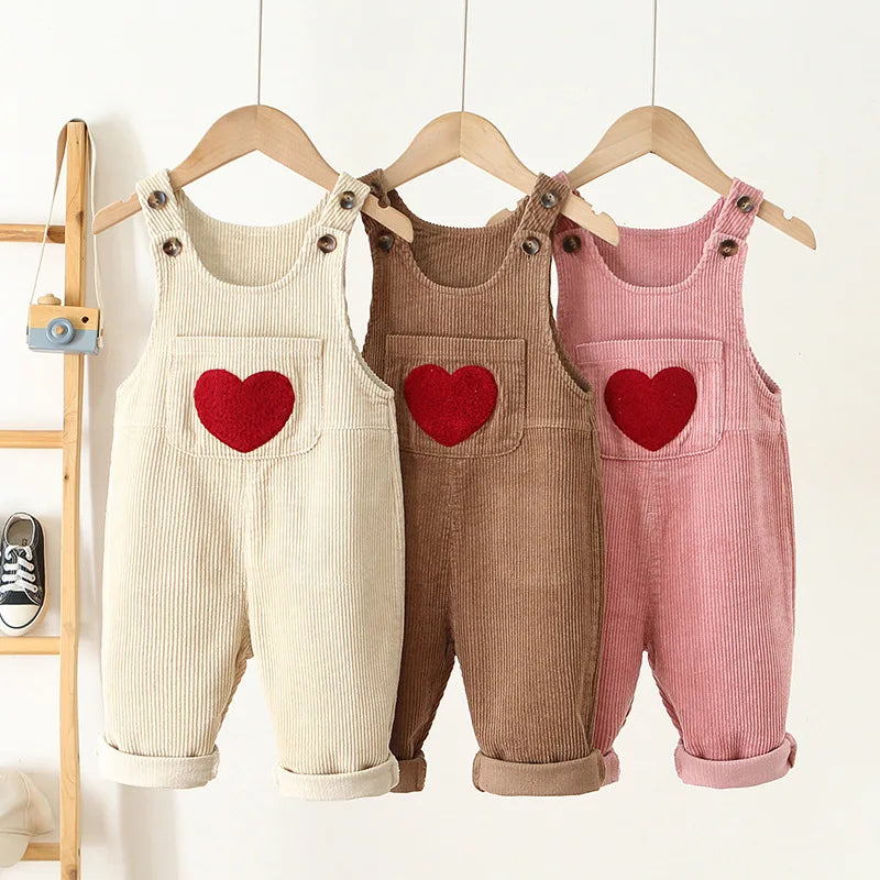 1-4Y Toddler Baby Boys Girls Solid Corduroy Suspender Overalls Heart Pattern Children's Jumpsuit