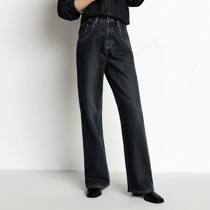 Wide Leg Fleece Lined High Waist Jeans - Women's Floor-Length Winter Denim