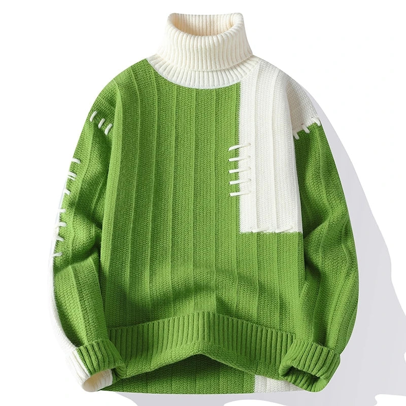 Men's Turtleneck Patchwork Casual Knit Pullover Loose Knitted Sweater