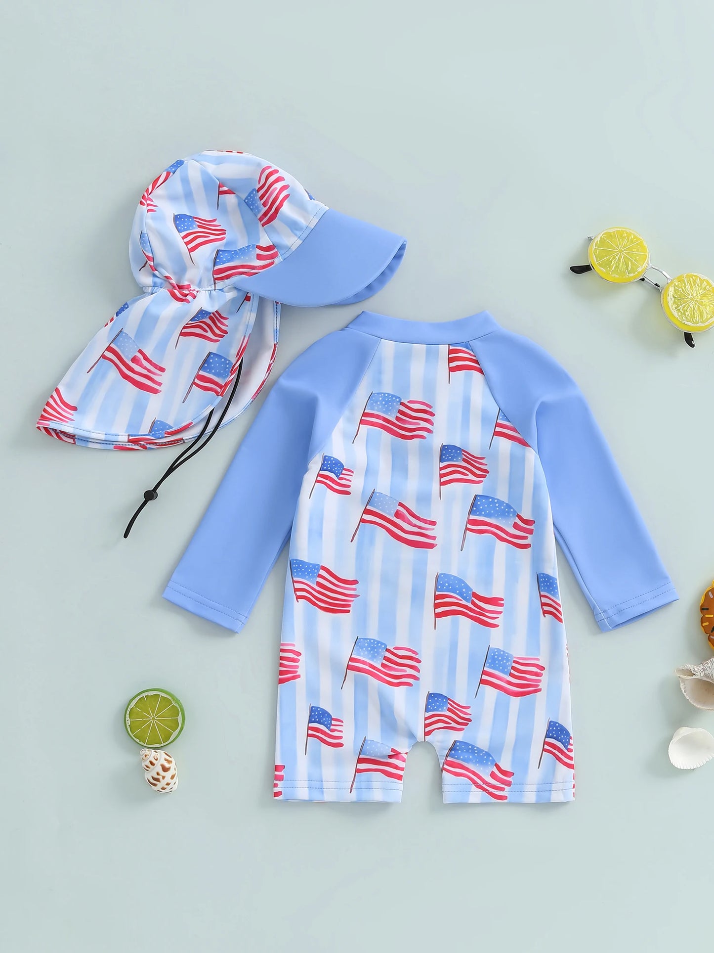 0-5Y Kids Boys Rash Guard Swimsuits Flag Print Long Sleeve Zip Up Bathing Suit with Neck Flap Sun Cap