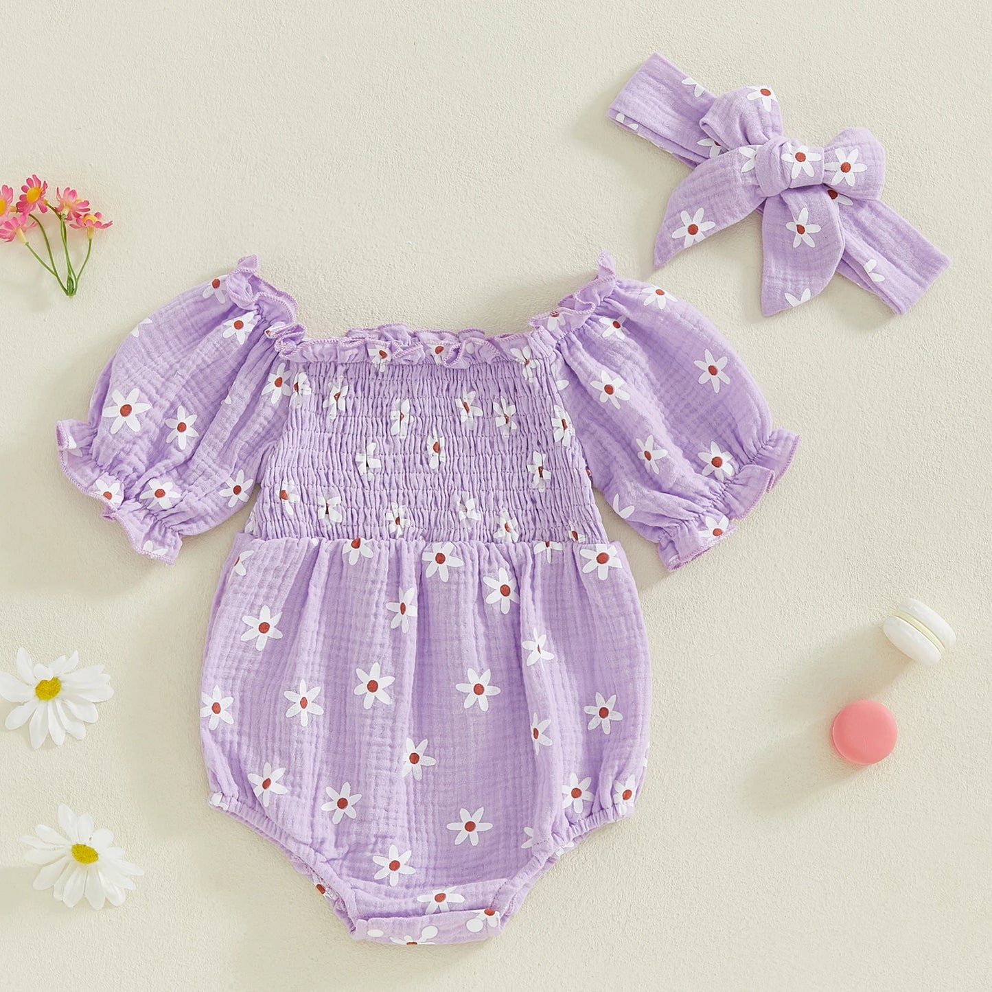 Baby Girls Summer Sunflower Romper - Off Shoulder Jumpsuit with Headband (0-18M)