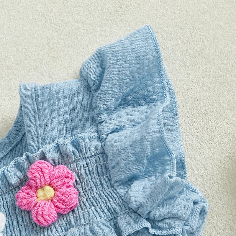Newborn Baby Girls Flower Embroidery Romper - Smocked Flying Sleeve Jumpsuit (0-12M)