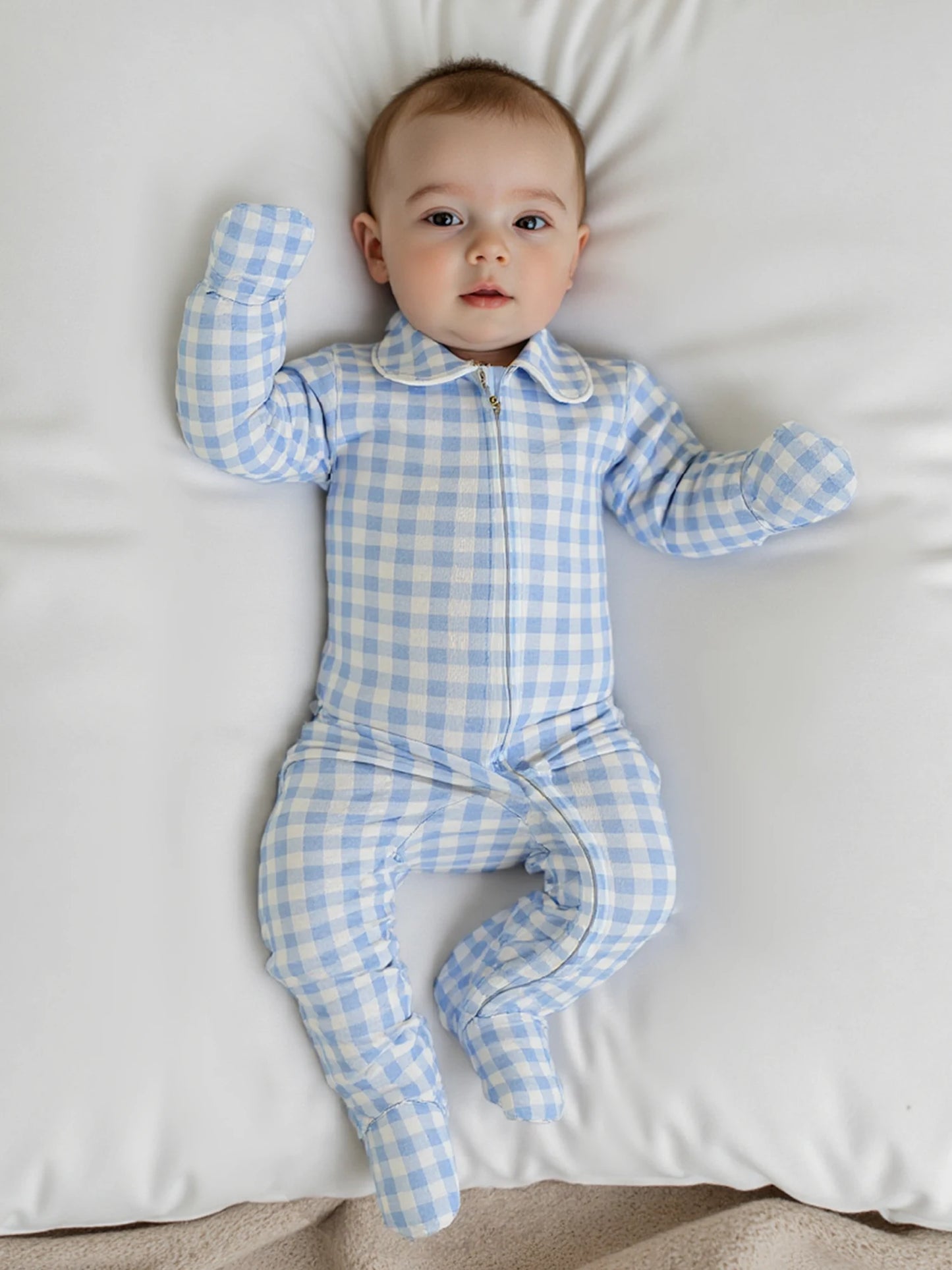 Newborn Baby Plaid Romper - Doll Collar Long Sleeve Zip-Up Footed Jumpsuit