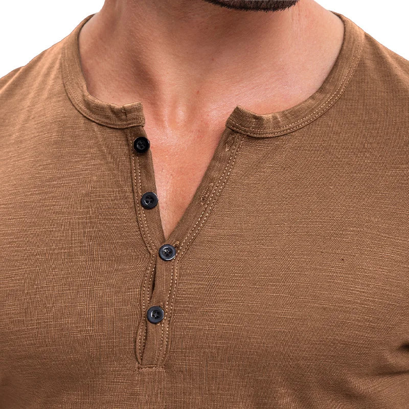 Men's Summer Henry Collar Short Sleeve Casual Pullover T-Shirt