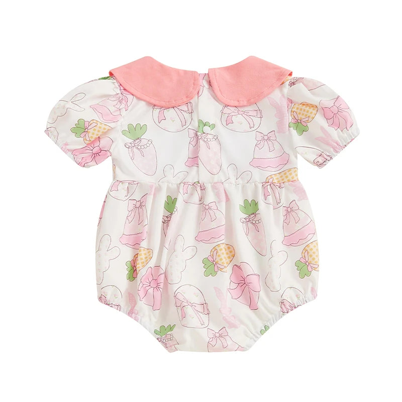Baby Girls Easter Rabbit Romper - Doll Collar Short Sleeve Bodysuit (0-18M)
