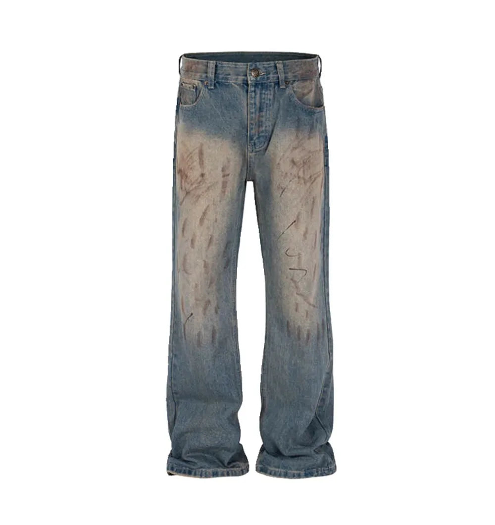 Men's Washed Stained Sprayed Distressed Dirty Frayed Loose Denim Jeans