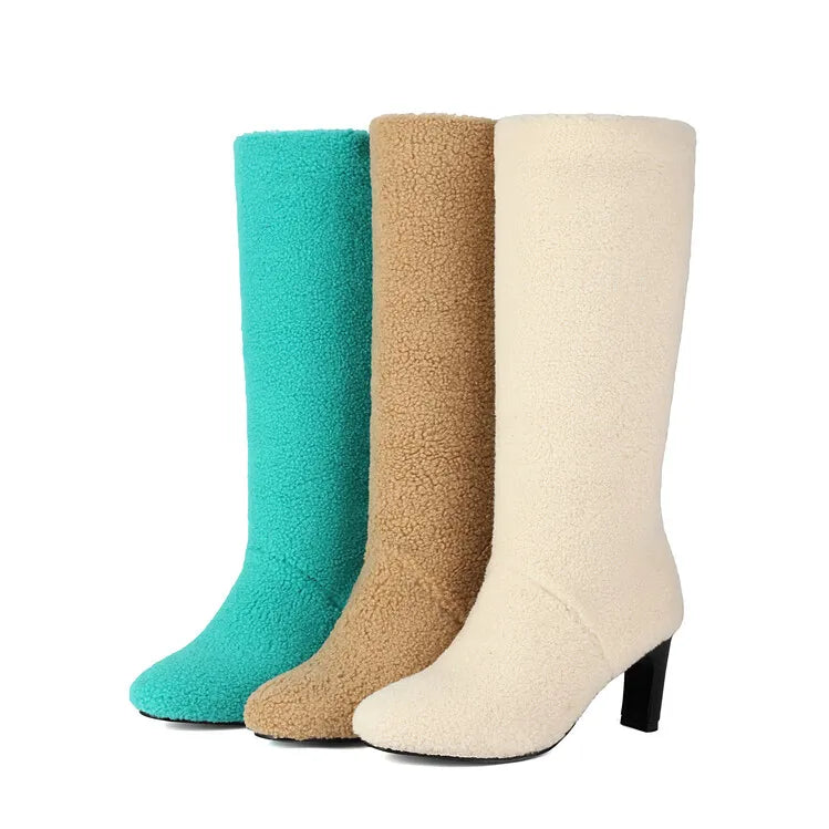 Faux Fur Lined Knee High Boots - 7cm Square Heel Winter Boots