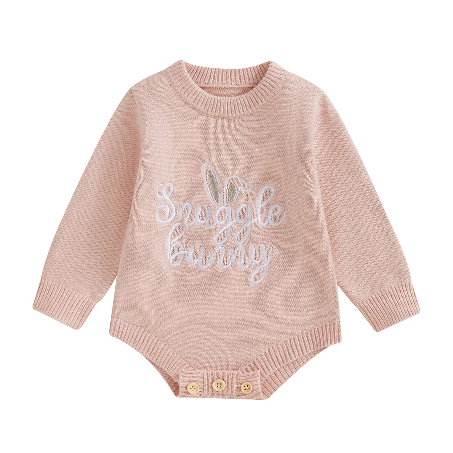 Baby Unisex Knit Long Sleeve Romper | Letter & Rabbit Festival Print | O-Neck | Covered Button | Cotton Blend | All Seasons | 3–18 Months