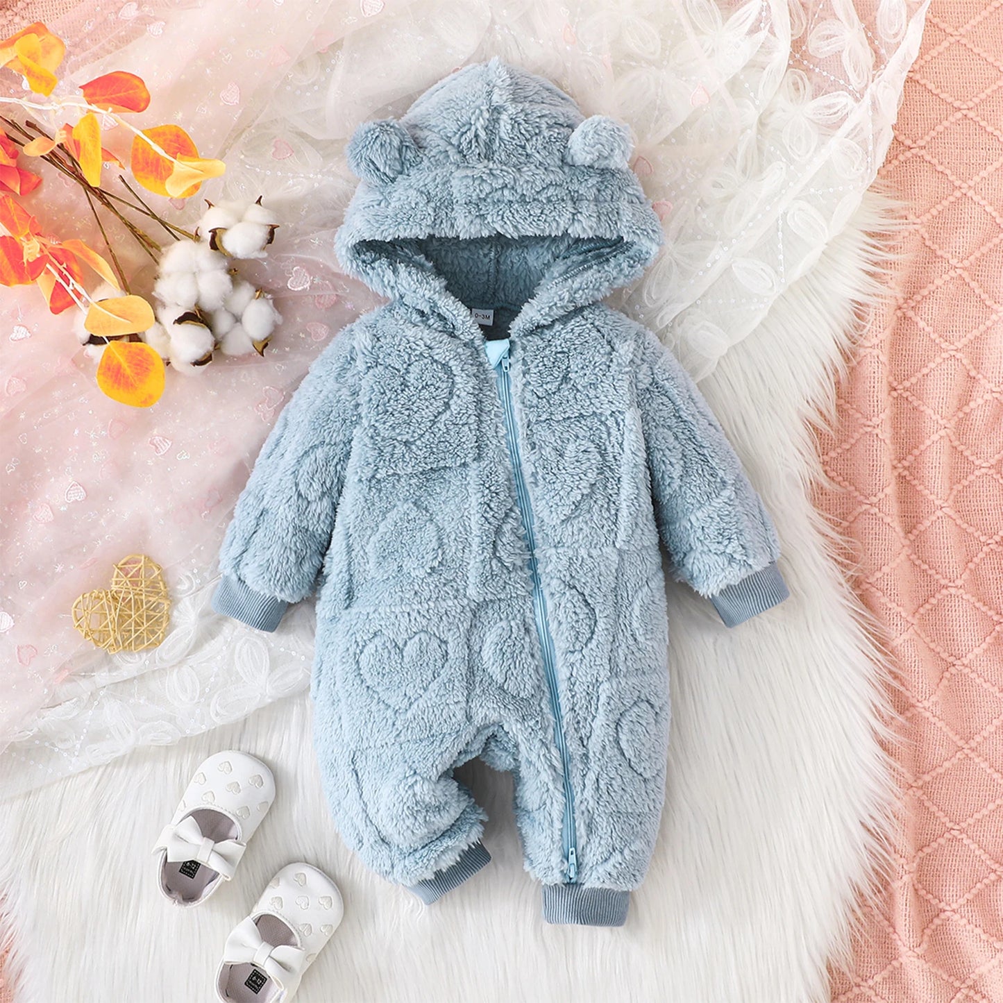 Baby Girls Boys Warm Romper 0-18M Solid Plush Hooded Long Sleeve Jumpsuits