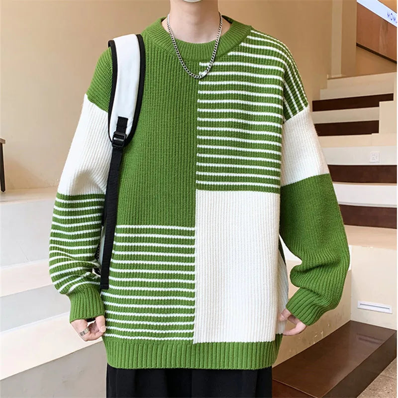 Autumn Winter Patchwork Striped Knit Pullover - O-Neck Loose Warm Sweater