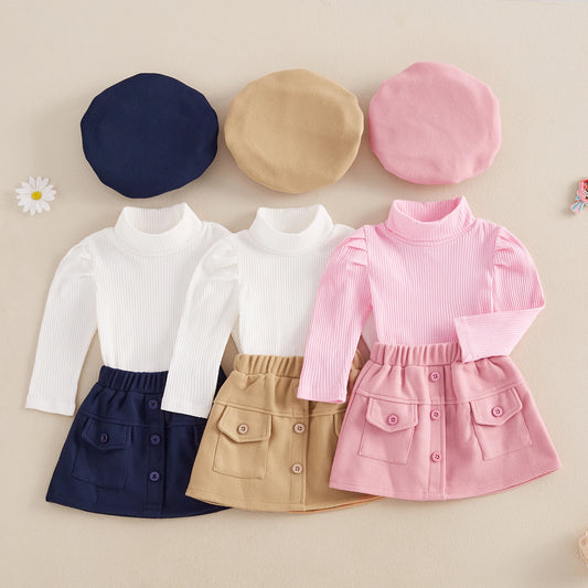 1-5Y Kids Girls Long Sleeves Turtleneck Top, Button Elastic A-Line Skirt and  Beret Hat