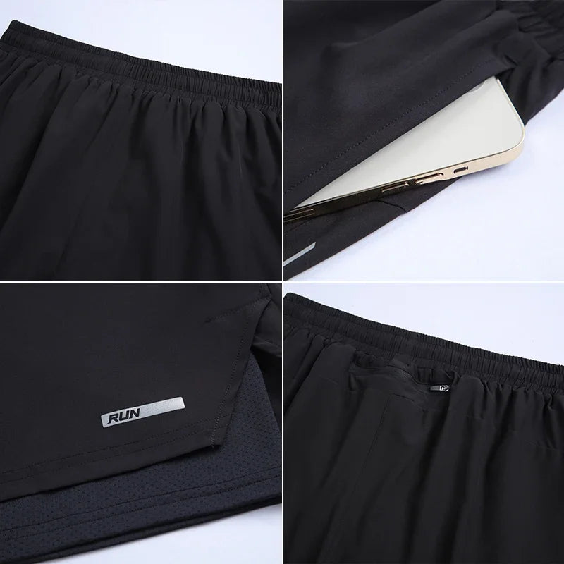 Men's Summer Swim Gym Sportswear 2 in 1 Compression Jogging Shorts Beach Casual Pants Double-deck Bottoms with Zipper Pockets