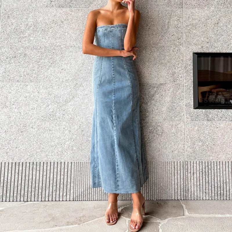 Women's Side Slit Denim Bodycon Sleeveless Maxi Dress