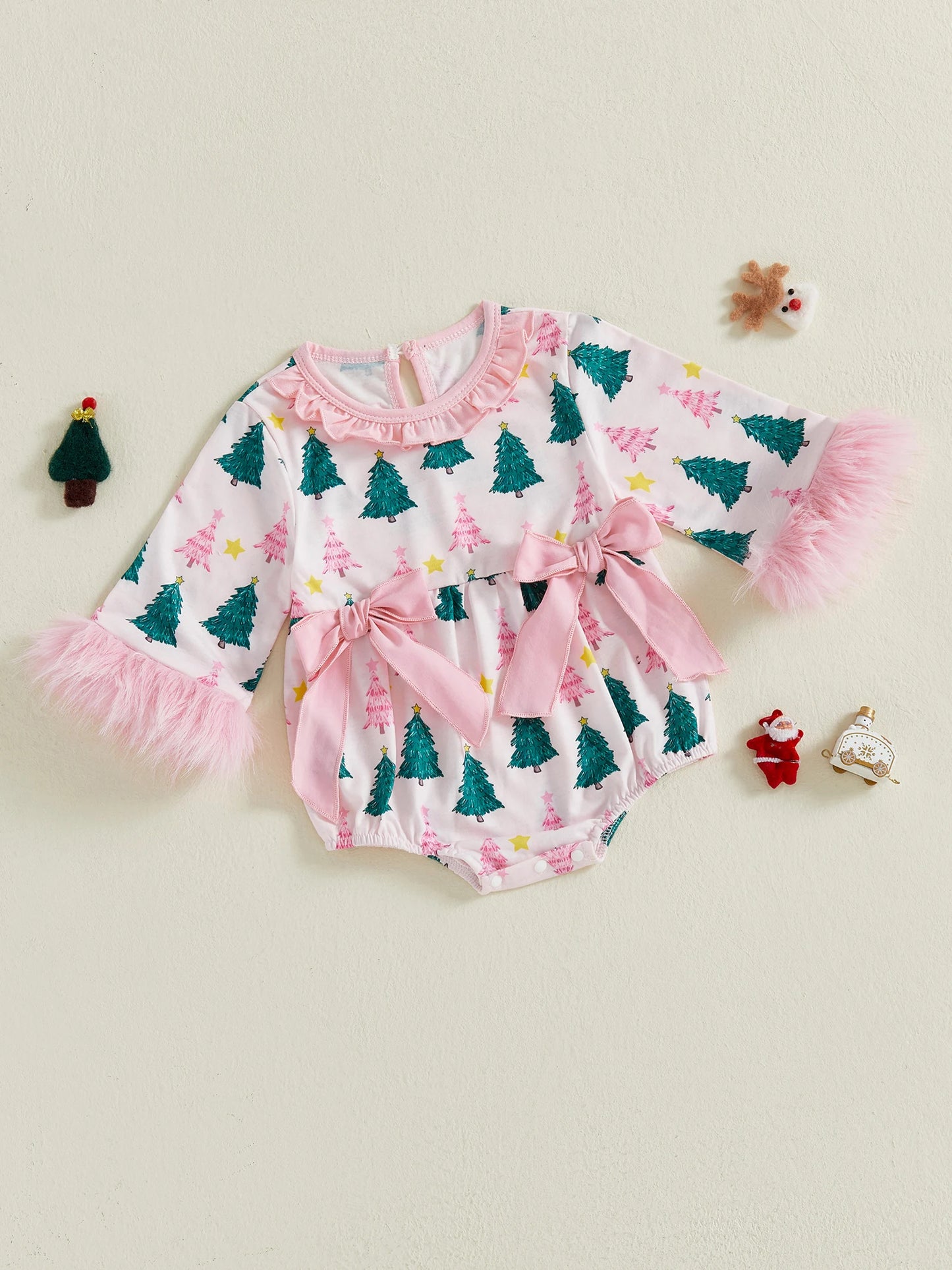 Baby Girls' Christmas Tree Print Romper - Festive Long Sleeve Jumpsuit