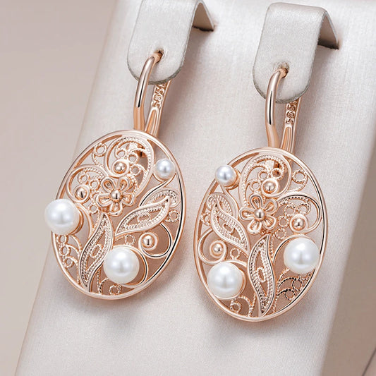 Rose Gold Pearl Dangle Earrings - Glossy Metal Flower Vintage Jewelry