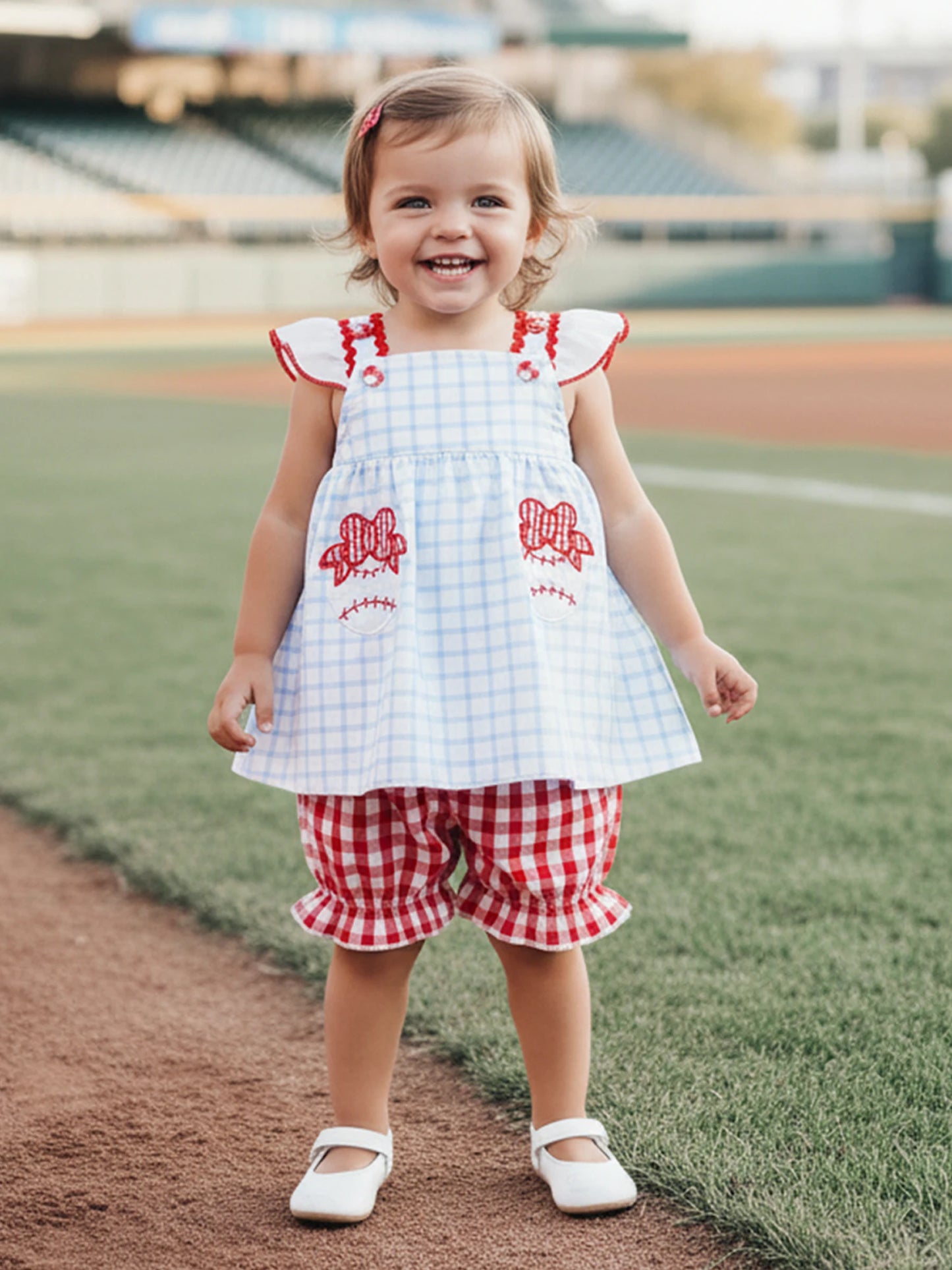 Toddler Girls 2-Piece Outfit Set - Plaid Baseball Embroidery Top & Shorts