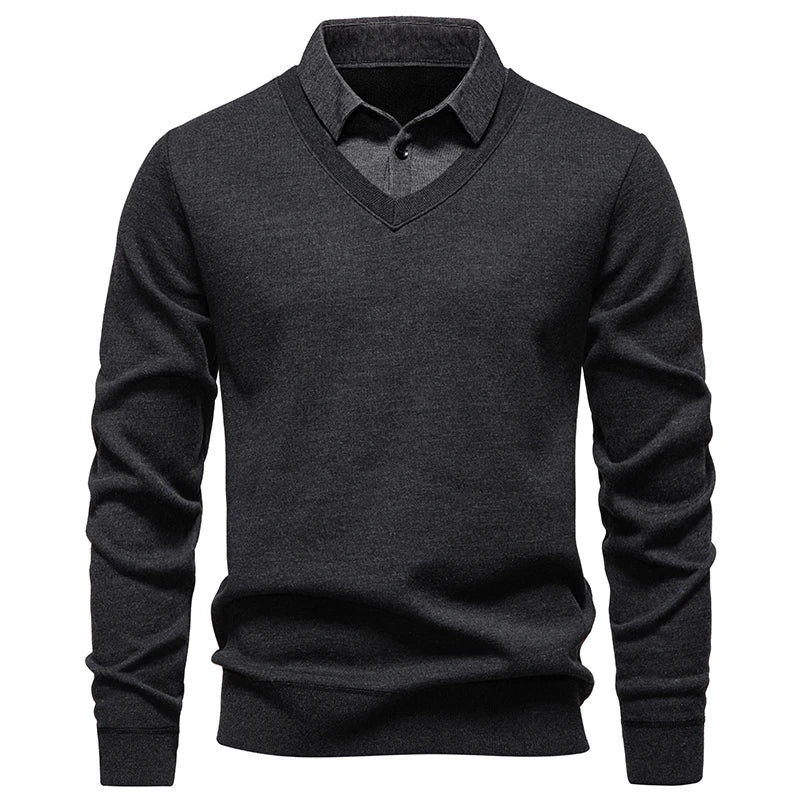 Men's Fake Two-Piece Knitted Pullover - Slim Fit Turn Down Collar Sweater