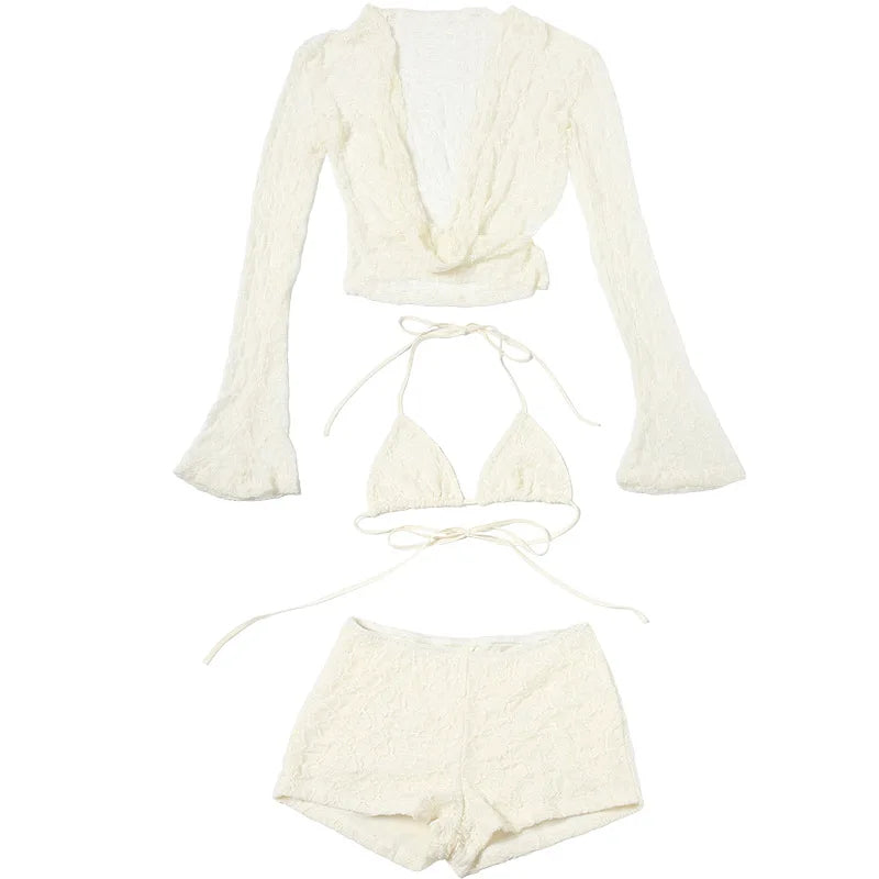 Women's Halter Draped 3 Piece Beach Set - Bikini with Long Sleeve Cover