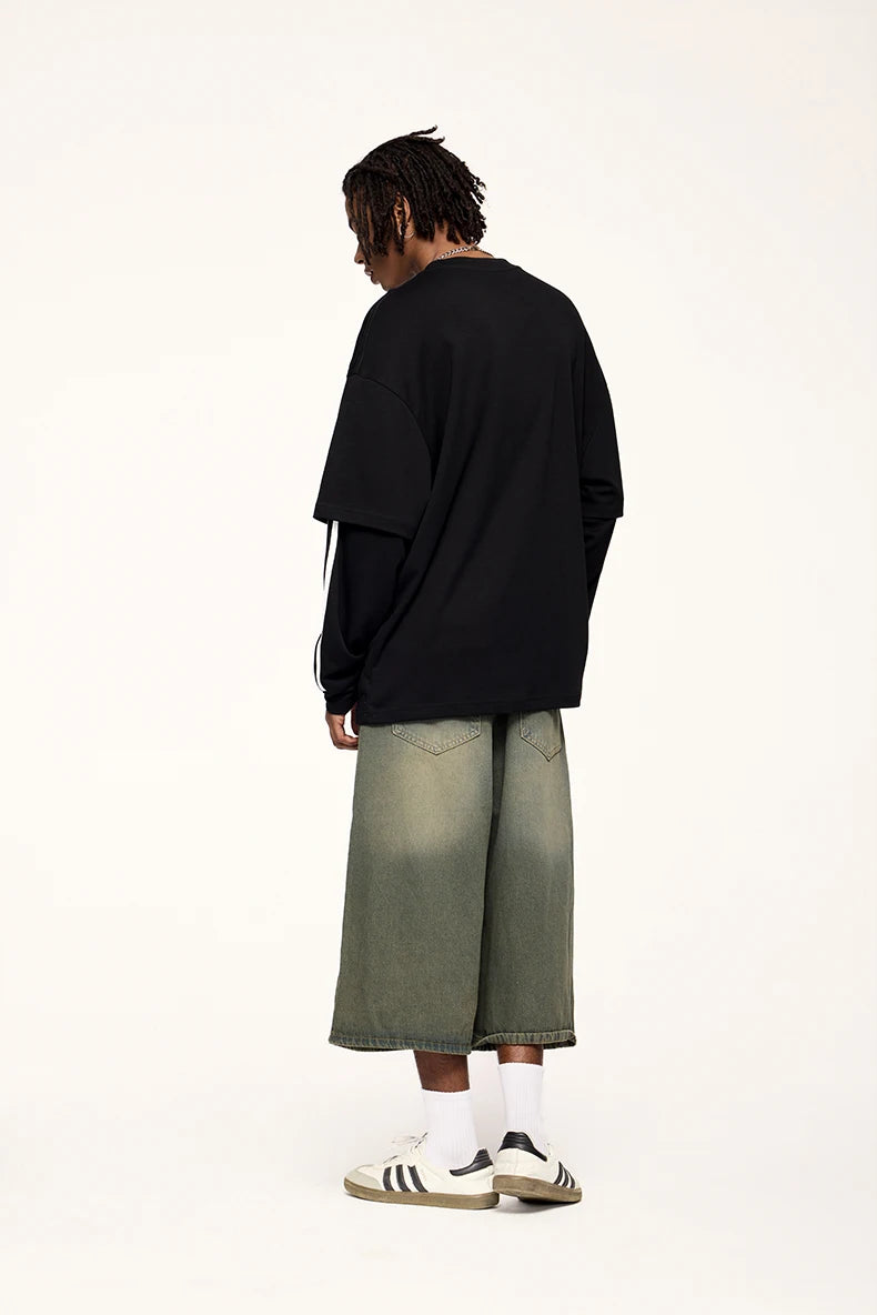 Unisex Retro Double Layer Streetwear Hip Hop Oversized Long Sleeve Sportswear T-Shirt