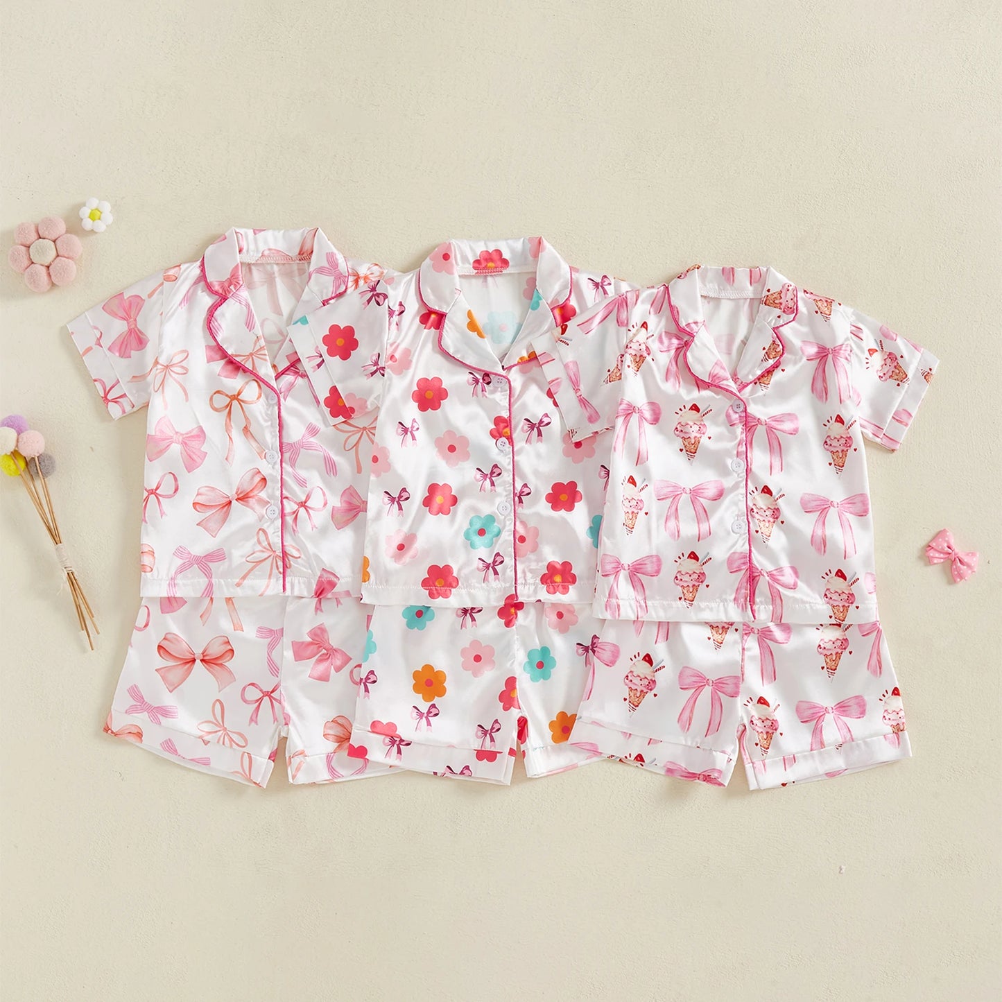 0-4Y Summer  Kids Girls Summer Pyjamas Clothes Sets 2pcs Flower Bow Print Single Breasted Shirts and Shorts