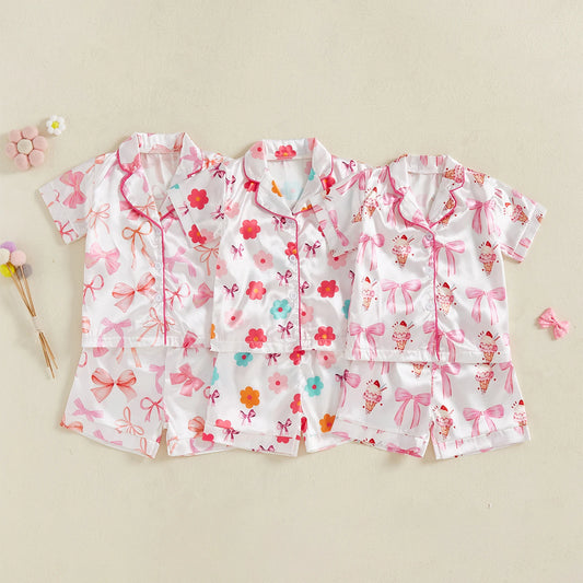 0-4Y Summer  Kids Girls Summer Pyjamas Clothes Sets 2pcs Flower Bow Print Single Breasted Shirts and Shorts