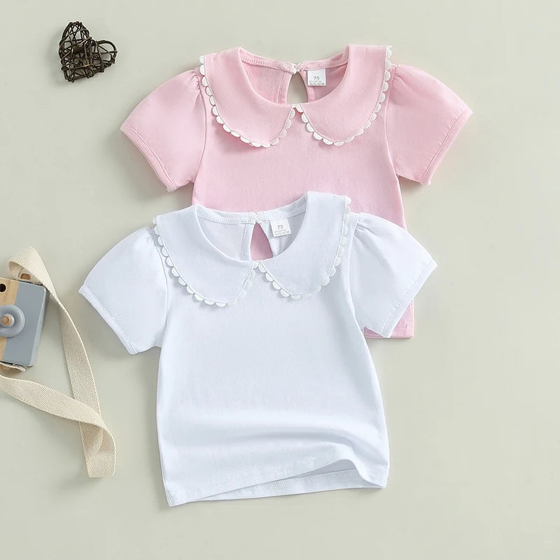0-6Y Kids Girls Summer Casual  Short Sleeve Doll Collar Pullover Top