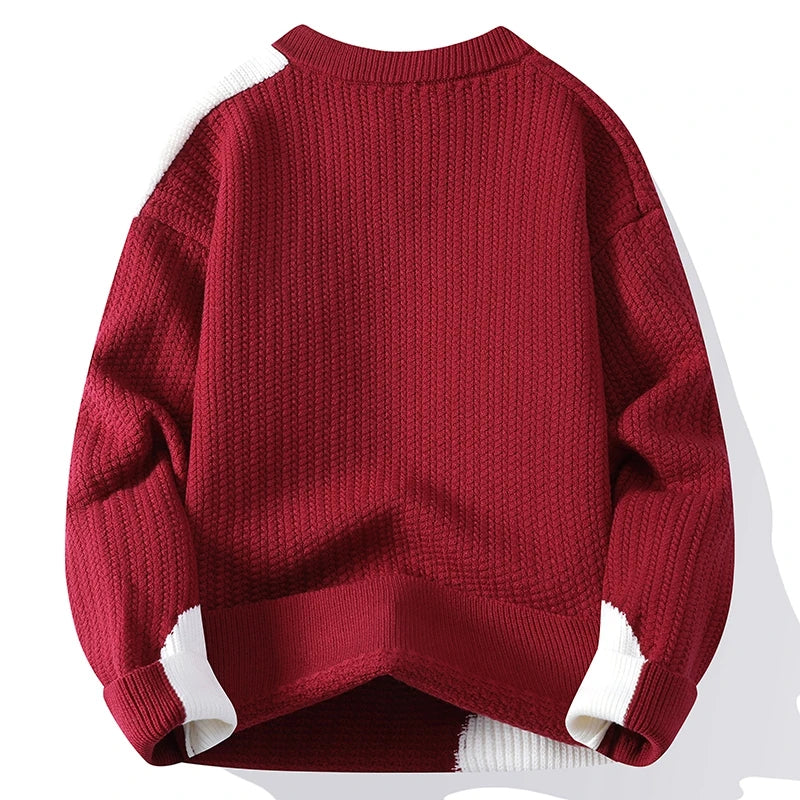 Men's Winter Knitted Sweater - V-Neck Patchwork Pullover