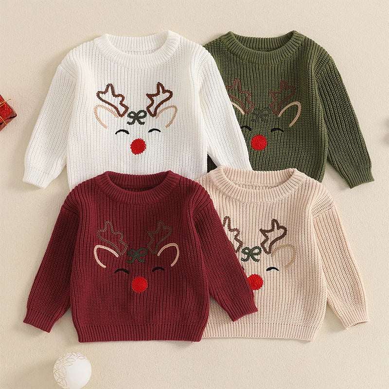 0-3Y Toddler Baby Boys Girls Christmas Sweater - Reindeer Embroidery Long Sleeve Round Neck Knitwear Pullover