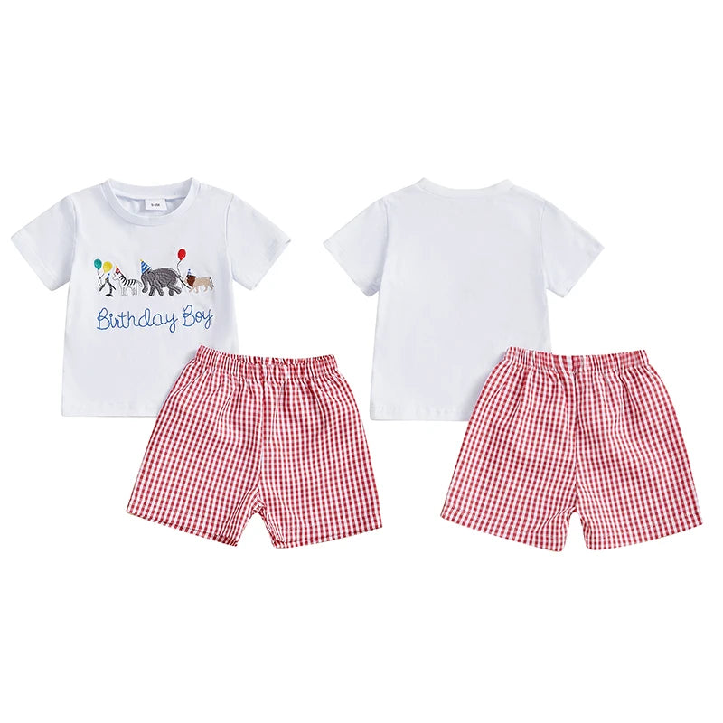 Summer Casual Baby Boys Birthday Outfit Set - Letter Animal Print T-Shirt with Plaid Shorts