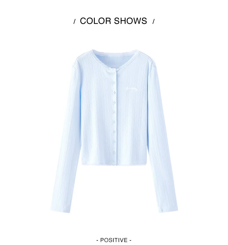 Women's Cropped Slim Fit Cardigan - Cotton Jacquard Embroidered Lace Trim