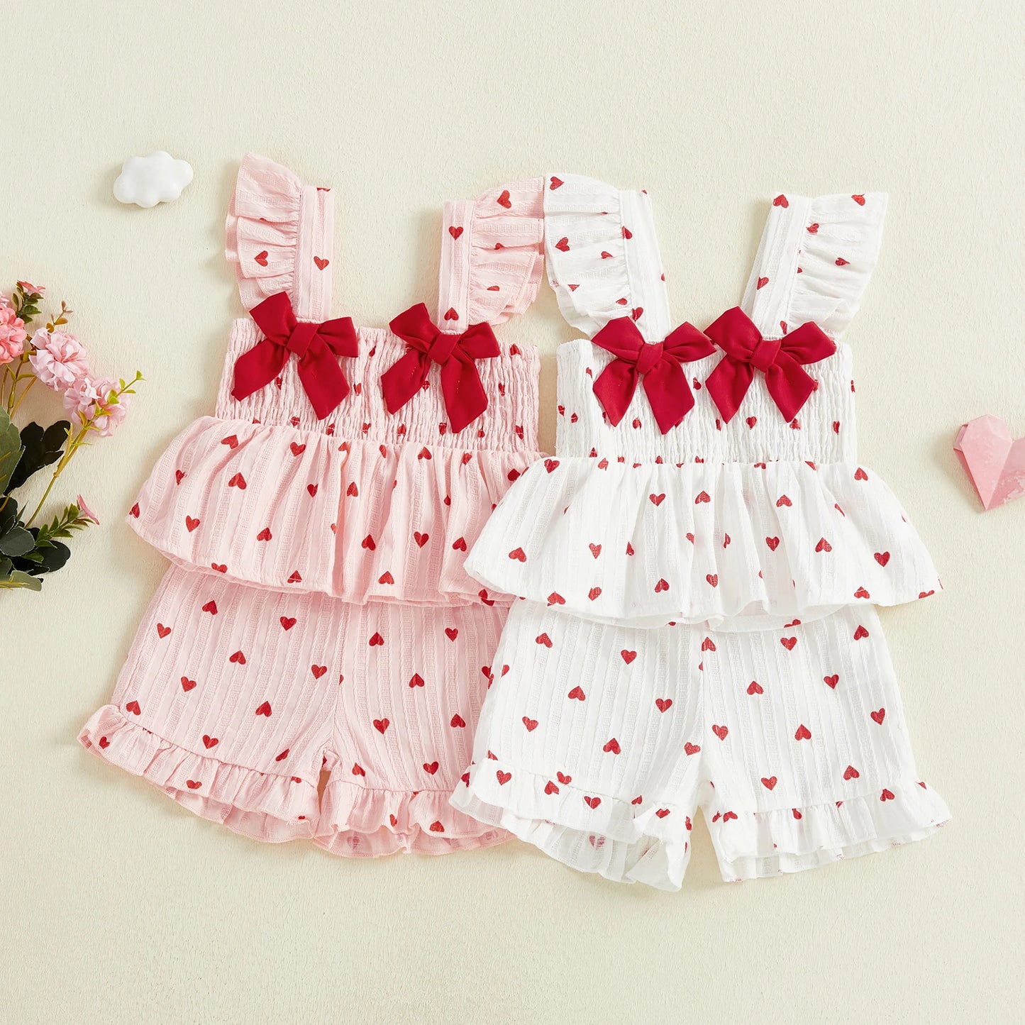 Toddler Girls Valentine's Day Ruffle Shoulder Strap Heart Print Top and Shorts Set