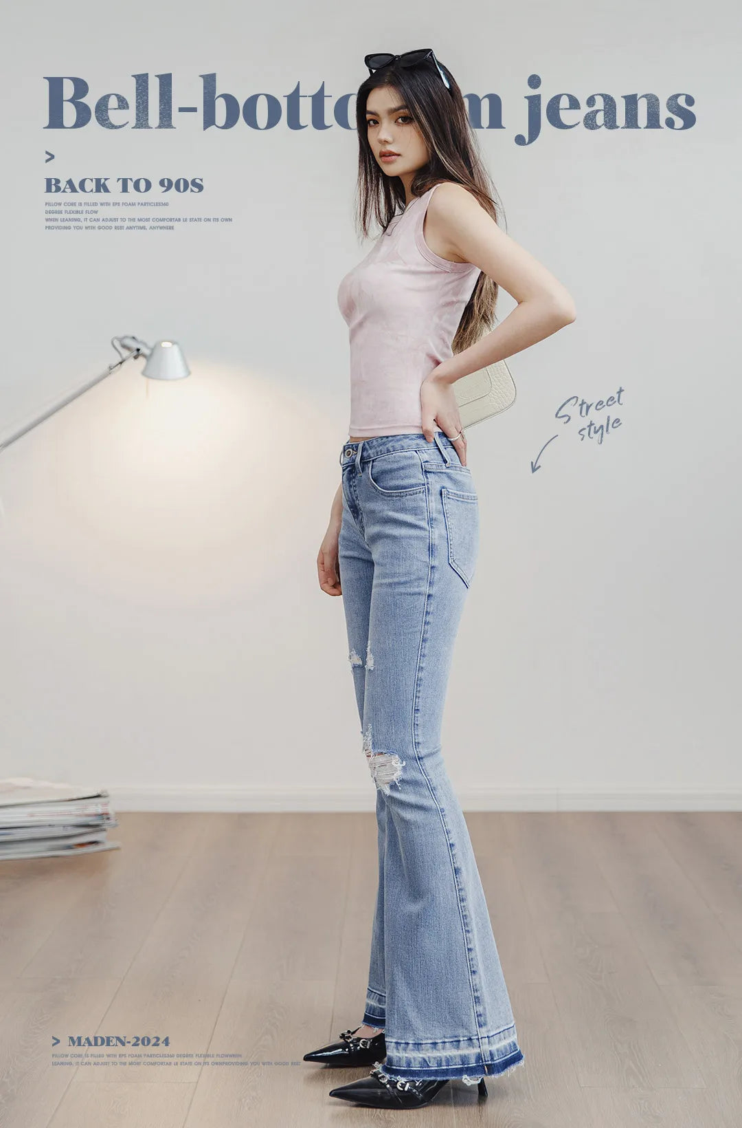 Women's Ripped Bell-Bottom Flare Jeans | 9oz Cotton Denim | Vintage High Street | Light Blue