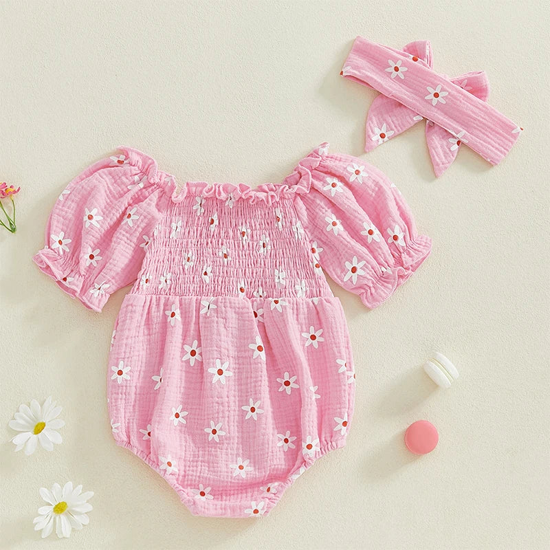 Baby Girls Summer Sunflower Romper - Off Shoulder Jumpsuit with Headband (0-18M)