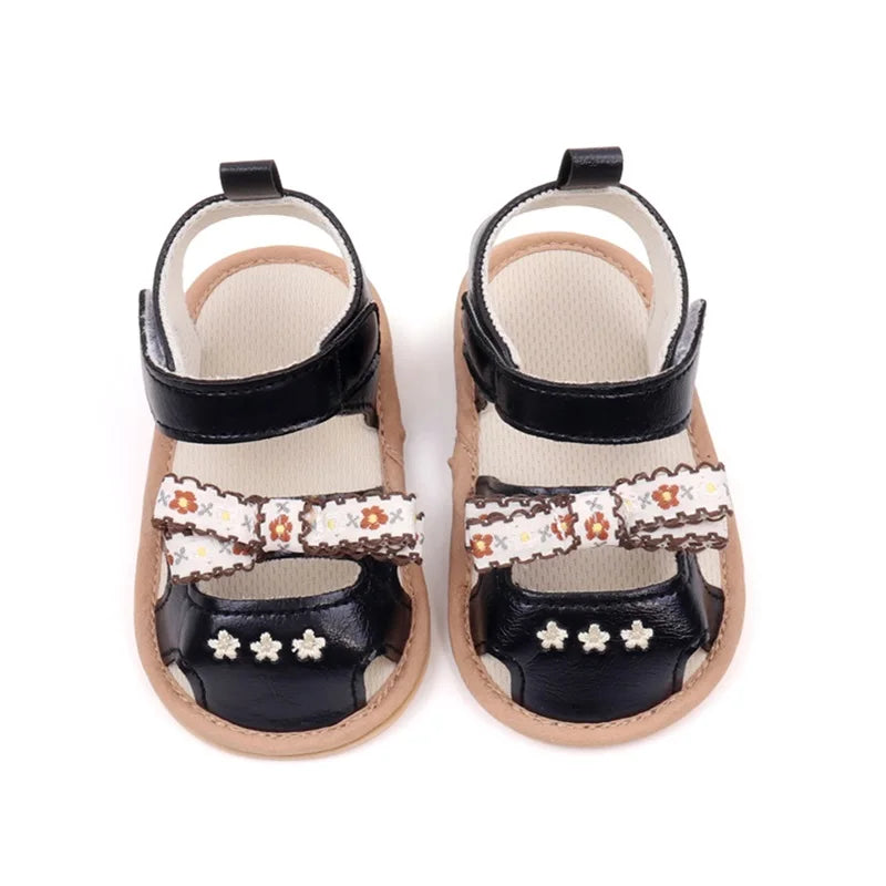 0-18M  Baby Girls Bows Sandals Shoes Floral Embroidered Hollowed out Summer Soft Sole Flats Walking Shoes