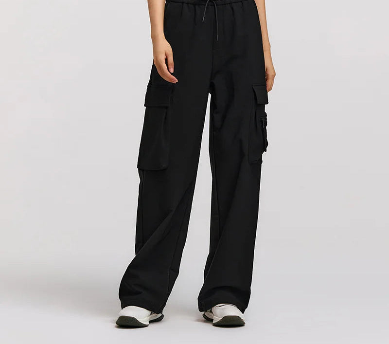 Winter Women's Fleece Wide Leg Pants - Black Cargo Streetwear Casual