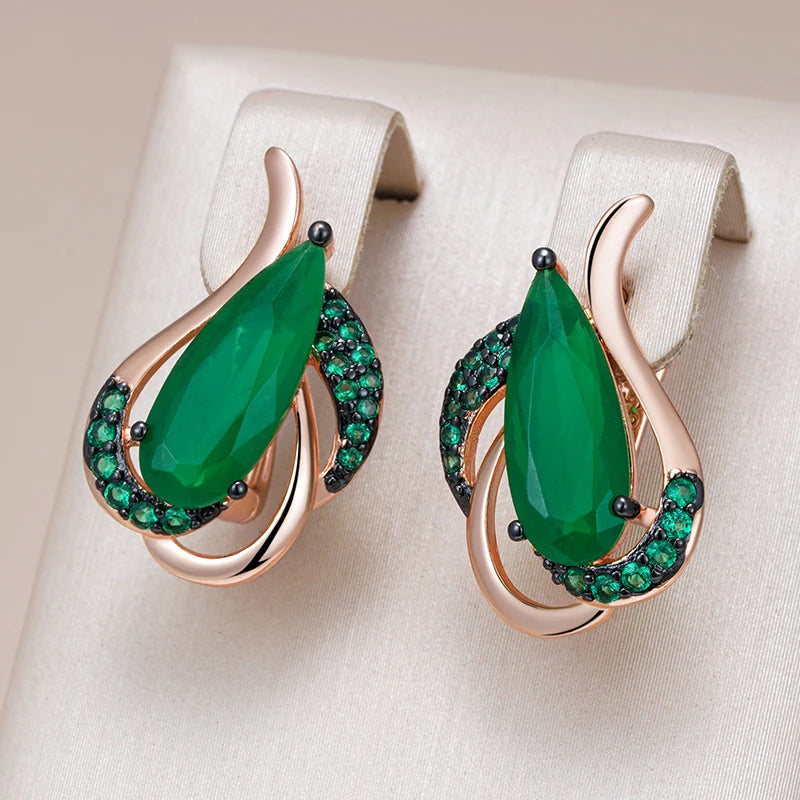 Women's Green Natural Zircon 585 Rose Gold and Black Plating Crystal Flower Earrings