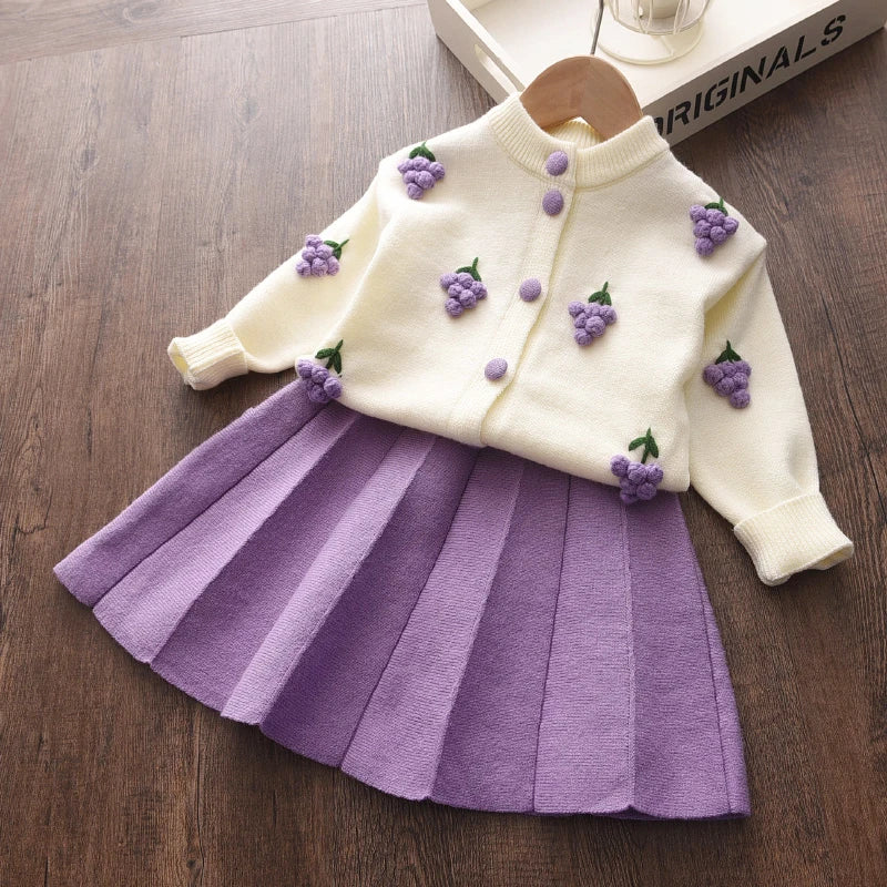 Girls' Knitted Embroidery Sweater & Skirt Set – Autumn Winter 2-Piece Outfit