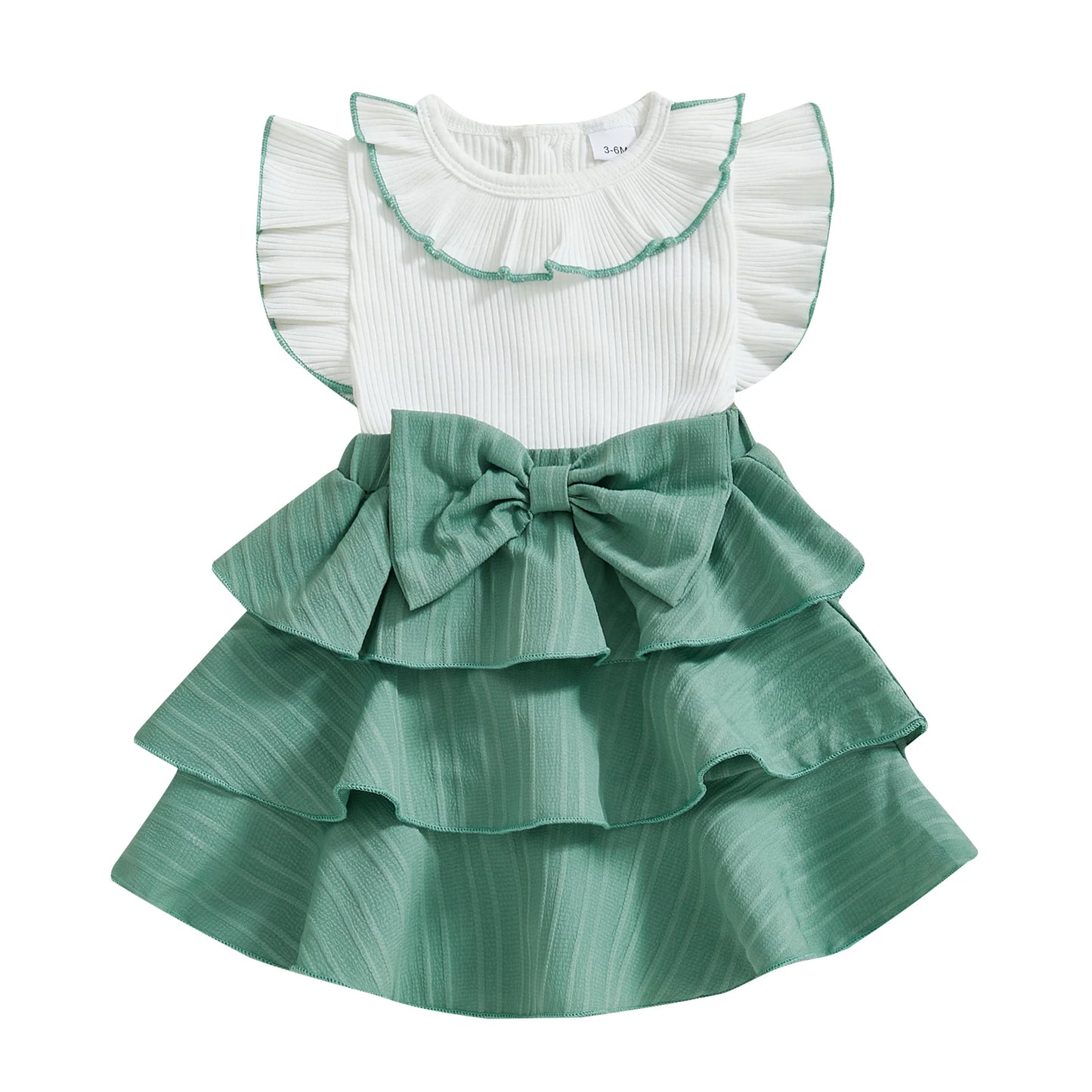 0-4Y Kids Girls Summer Ruffles Fly Sleeve Doll Collar Bow Front Layered Knee Length Dress